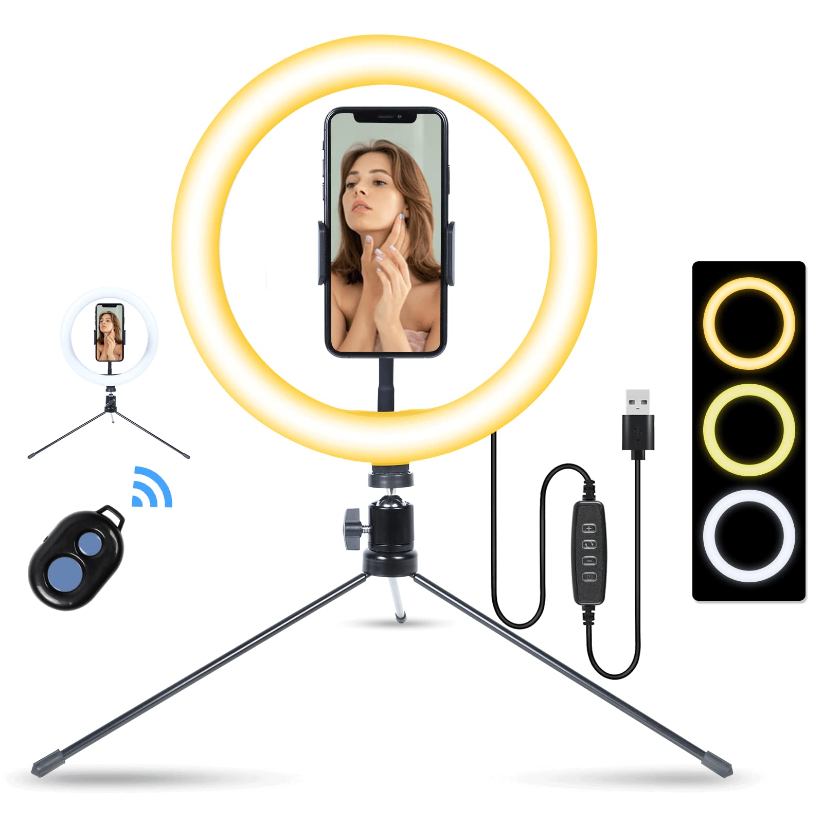 AGM 10” LED Ring Light with Tripod Stand & Phone Holder 3 Light Modes & 10 Brightness Level for Video/Photography/Live Streaming
