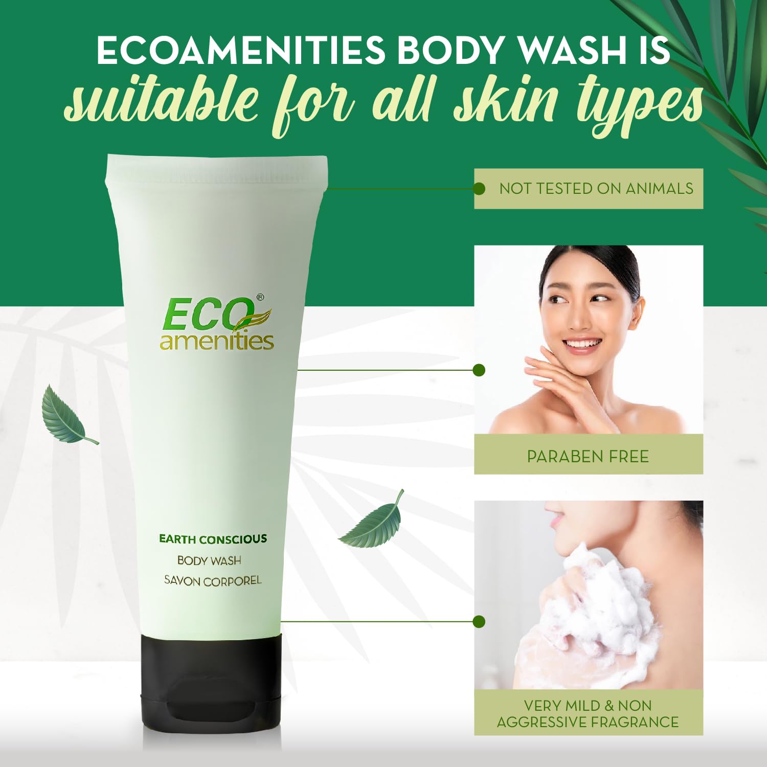 ECO amenities Travel Size Body Wash Bulk - Hotel Supplies for Guests - Great for Vacation Rental and Airbnb Toiletries - Body Wash for Men & Women - Green Tea Scent - 72 pack, 1.0 fl oz (30ml) tubes