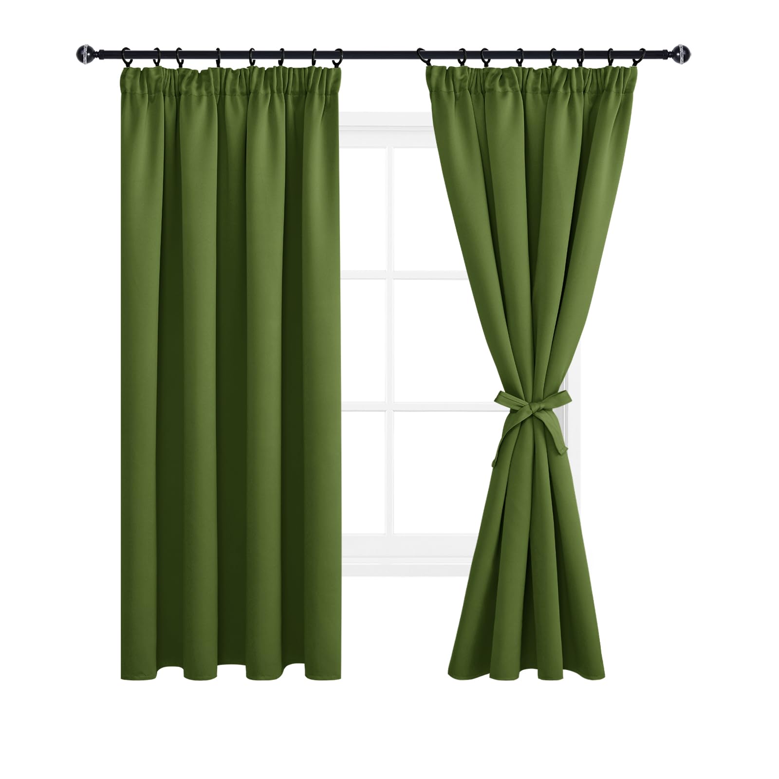 DWCN Blackout Curtains for Bedroom Thermal Insulated Curtain with Tiebacks Pencil Pleat Curtains for Living Room 46 x 72 inch Length, Green, 2 Panels