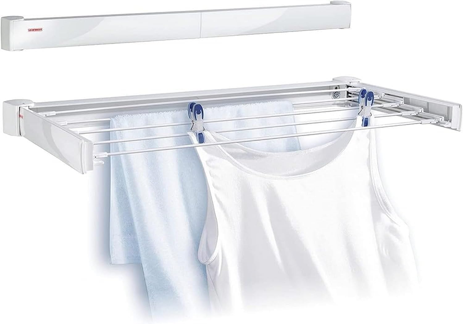 Leifheit Telegant 72 Protect Wall Dryer Clothes Airer, Foldable Clothes Drying Rack with 8 x 90 cm Bars, Robust Clothes Rack for Indoor and Outdoor, 7.2 m Drying Space, White