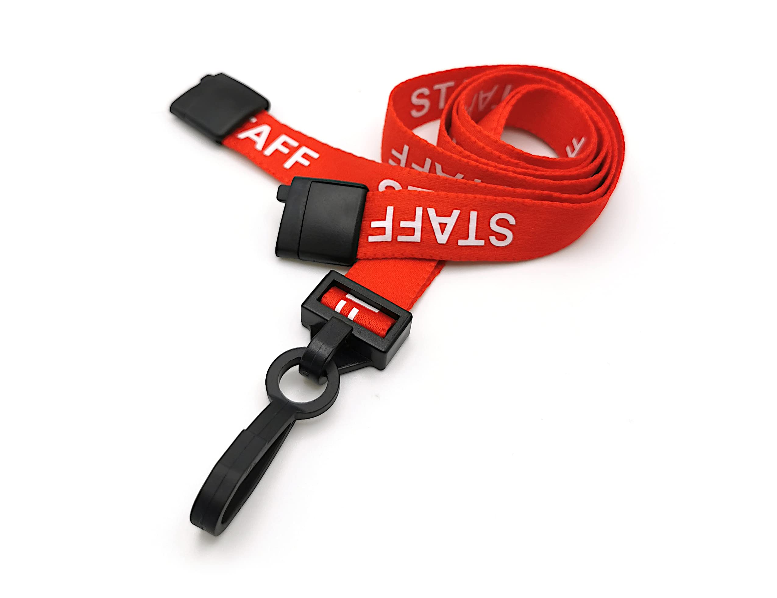 EasyBadge Red Staff Lanyards with Plastic J Clips and Safety Breakaways - Pack of 100