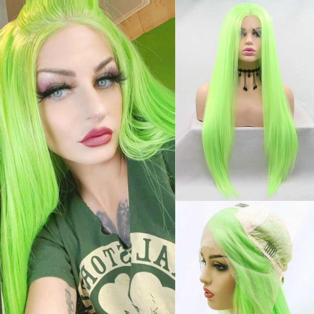 24" Hot Fluorescent Green Synthetic Lace Front Wigs for Women Neon Yellow Crayon Green Wig Glueless Heat Safe Fiber Drag Queen Wigs Long Straight Middle Part