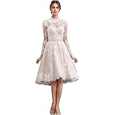 GUSUFUREN Tea Length Wedding Dresses for Bride Long Sleeve Wedding Dresses for Women Tulle Lace Bridal Shower Dress
