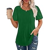 AGSEEM Womens T Shirts Short Sleeve Pleated Dressy Casual Scooped Neck Summer Tops Blouses