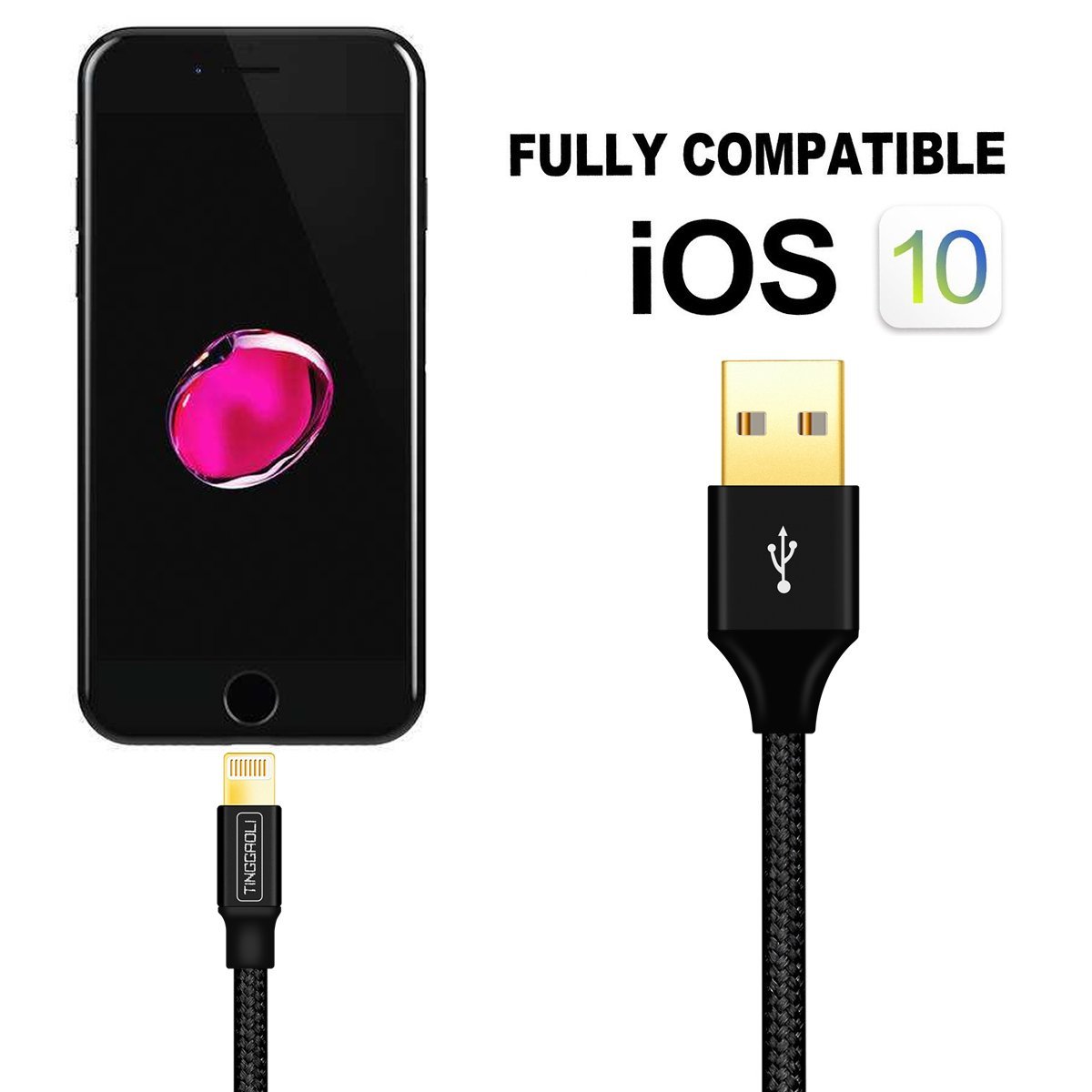 Lightning Cable 4PACK 6FT iPhone Cable Nylon Braided Lightning Connector to Data Syncing Cord and Fast Charging Cable Compatible with iPhone 7/7plus/6plus/6s/6s+/5/5s/SE, iPad (Black) by TINGGAOLI