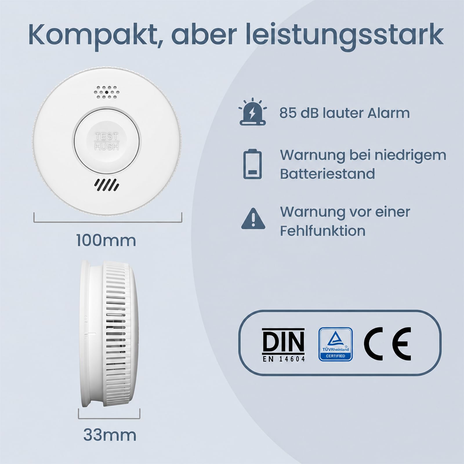 Rauchmelder 10 Jahre Batterie, TÜV Rheinland Zertifizierter Photoelektrischer Rauchwarnmelder mit Klebepad, Feuermelder mit Stummschaltfunktion, EN14604 3