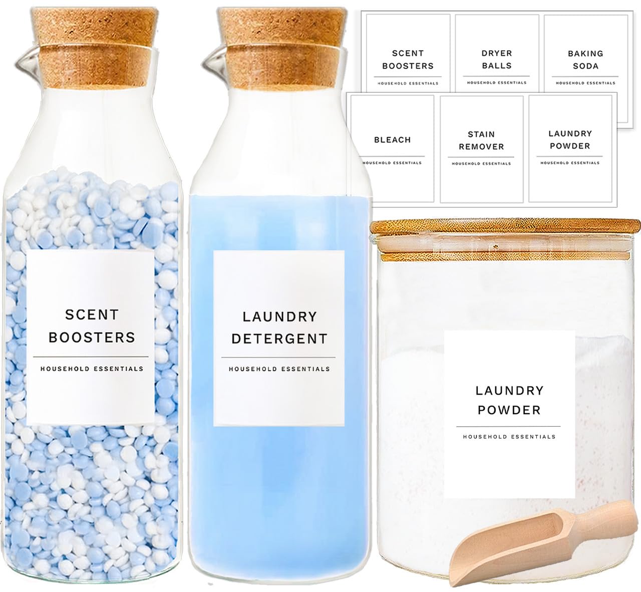 Photo 1 of KOSKIMER Glass Laundry Detergent Dispenser Set, Liquid Detergent Containers, Scent Booster & Bleach Dispenser for Laundry Room (2 Bottles & Jar)