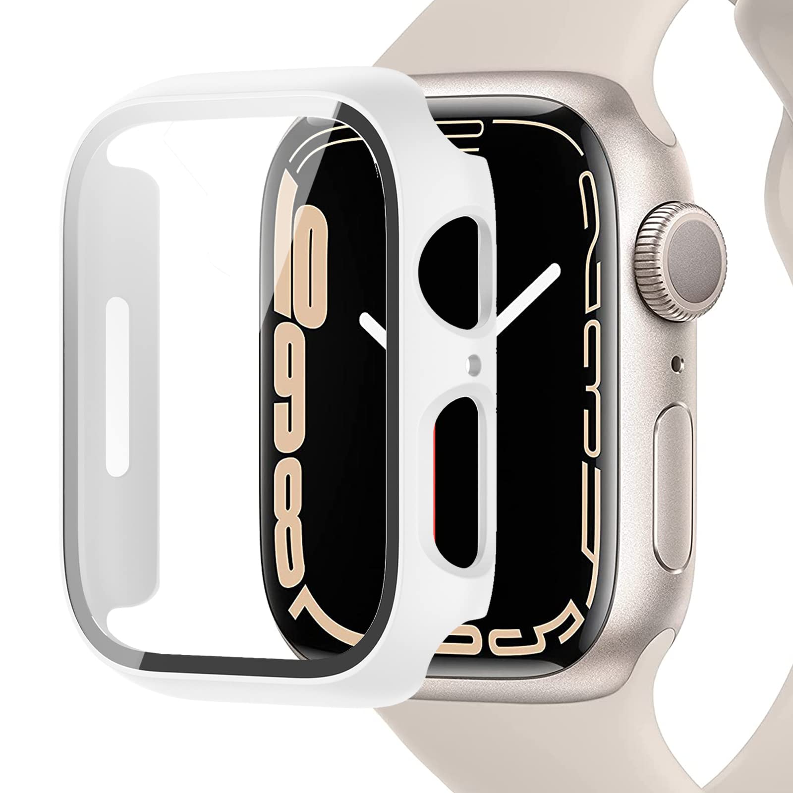 Miimall Case Compatible with Apple Watch Series 8/Series7 41mm 45mm Tempered Glass Screen Protector, Shockproof Hard PC Bumper Protective Shell All-Around Protective Cover for Apple Watch 41mm-White