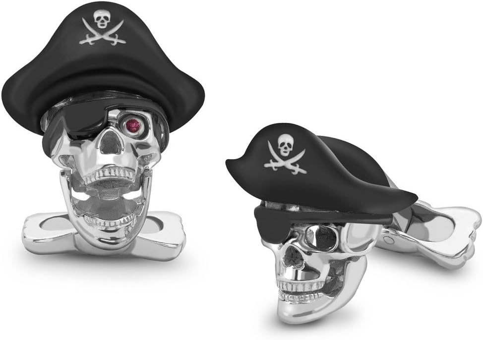 Deakin & Francis Sterling Silver Pirate Skull Cufflinks With Hat And Ruby Eyes