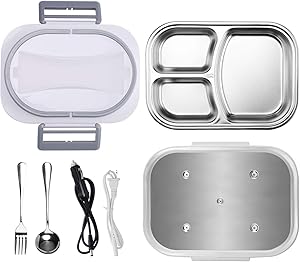 Electric Lunch Box 3in1 Heating Food for Car/Truck and Work ,Leak-proof technology,Removable 304 Stainless Steel Container with3 Practical Compartments.(Grey)