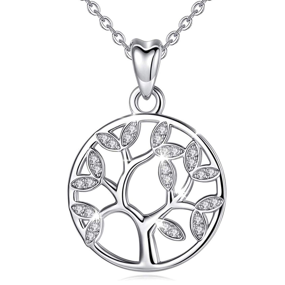 Alexander Castle Tree of Life Pendant Necklace 925 Sterling Silver Necklace for Women with CZ Stones - Yggdrasil Crann Bethadh with 18" Silver Chain & Jewellery Gift Box - 18.8mm