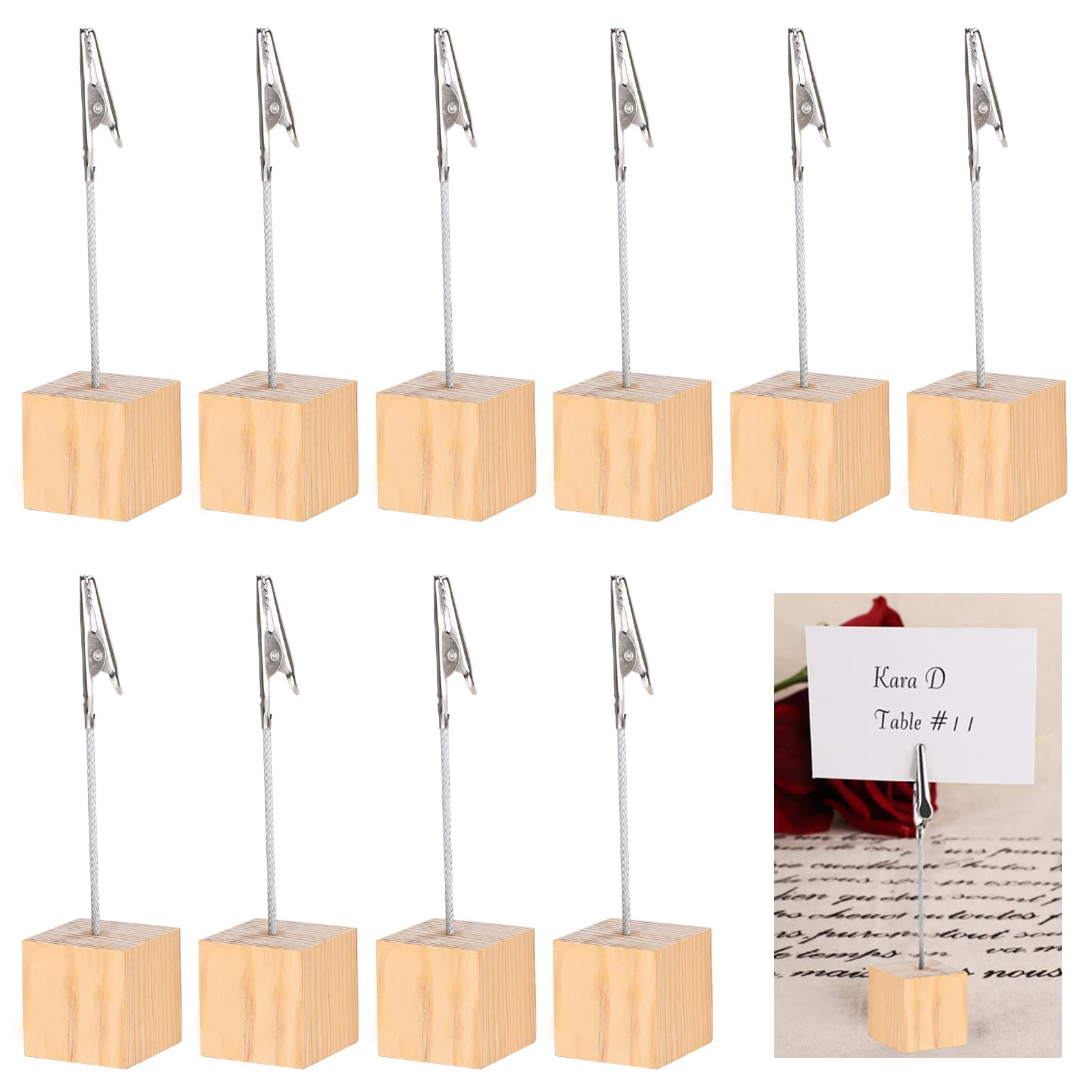 sinzau Memo Clip Holder, Picture Holder with Clips, Stand Wooden Card Table, Vertical Note Cube for Photos (10 Pieces- Wood Colour)