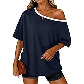 LEEDYA Off The Shoulder Tops for Women Summer Sexy Oversized T-Shirts Short Sleeve Color Block Casual Batwing Tunic Top