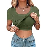 CHICME Women Built-in Bra T Shirt Top Short Sleeve Square Neck Basic Tees Casual Ribbed Knit Fitted Going Out Tops