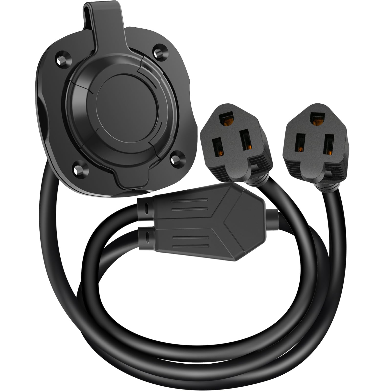 Photo 1 of WELLUCK RV Shore Power Inlet Charger Plug 15 Amp 125V AC Power Inlet Port Plug with Integrated Dual 18" Extension Cord, RV Flanged Inlet with Waterproof Back Cover Y Splitter Cable for RV Trailer Boat