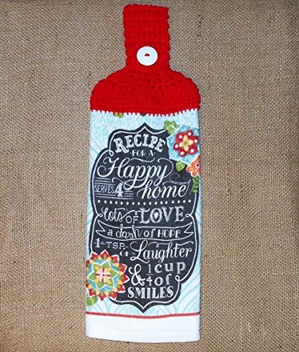 Recipe For A Happy Home Hanging Double Sided Kitchen Towel With A Red Crocheted Top
