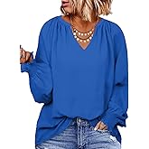 Eytino Womens Plus Size Tops Sexy V Neck Smocked Long Sleeve Casual Chiffon Blouse Flowy Work Shirts(1X-5X)