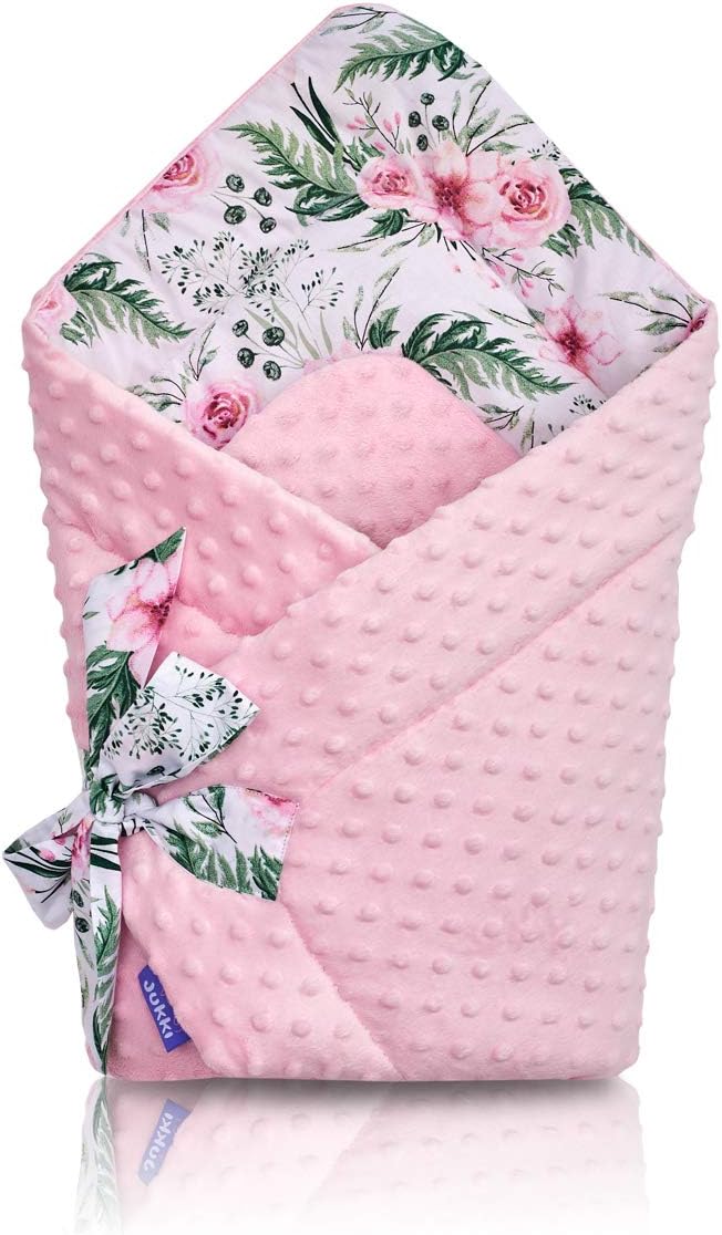 Jukki ® Baby Swaddle Wrap Newborn Infant Bedding Blanket Cotton Sleeping Bag Cotton Grey Wrap | 100% Organic Cotton | Handmade | Intended for Kids Aged 0-3 Months | (in Garden Pink - Minky)