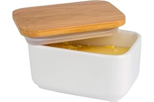 Arswin Porcelain Butter Dish with Lid,Ceramic Butter Dish with Bamboo Lip,Butter Keeper Container with Cover for Countertop or Refrigerator,Heat Resistant Kitchen Butter Storage Dish,White (300ml)