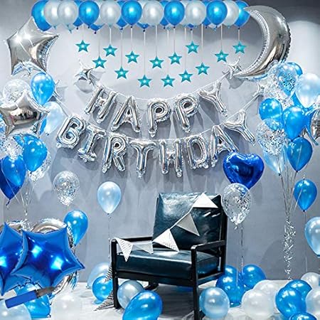 Amazon Co Jp 誕生日 飾り付け バルーン Happy Birthday ハッピーバースデー 風船112個 特大 月 スター 豪華セット バースデー デコレーション セット きらきら風船 パーティー お祝い ブルー 空気入れ ポンプ 両面テープ付き アルミ バルーン おもちゃ