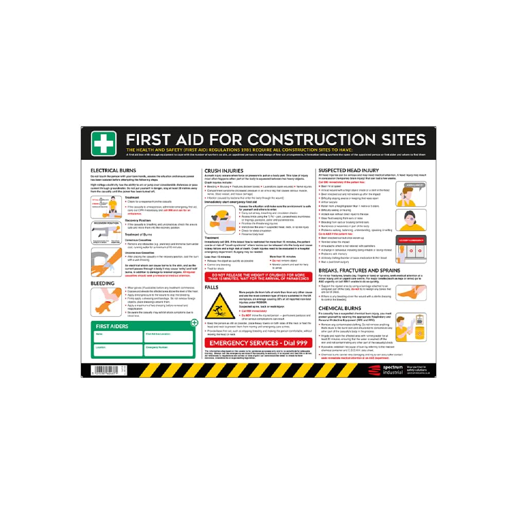 First Aid for Construction Sites Safety Poster - A2 Anti Scuff PVC | Emergency Response & Injury Treatment Guide | Health & Safety Sign for UK Compliance