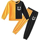Arshiner Boys Cartoon Face Print Two Tone Crewneck Sweatshirt and Pants Set Tracksuits Outfits Size (2T - 7-8)
