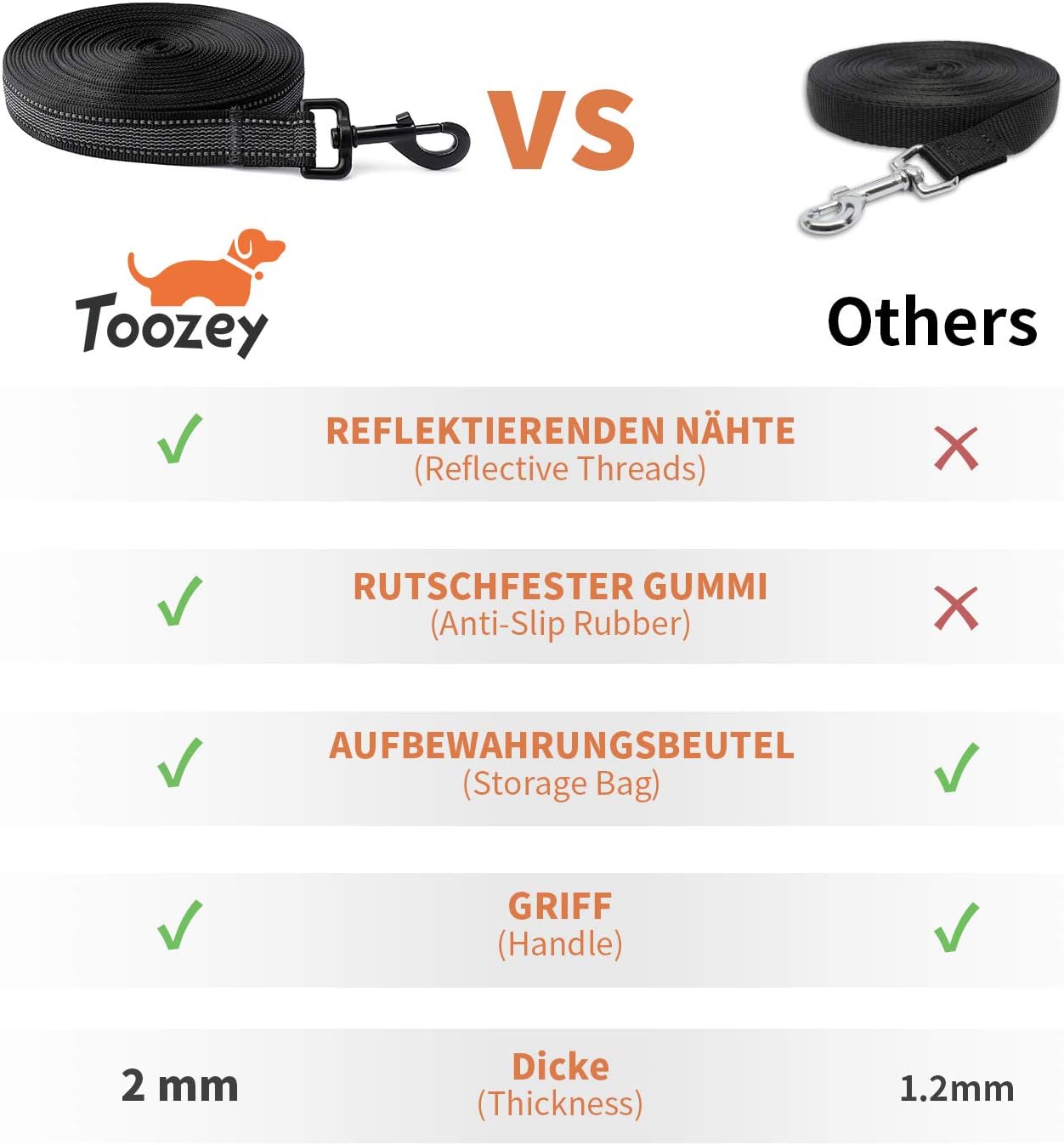 Toozey Dog Training Leads with Anti-Slip Rubbers and Reflective Stips - Image 3