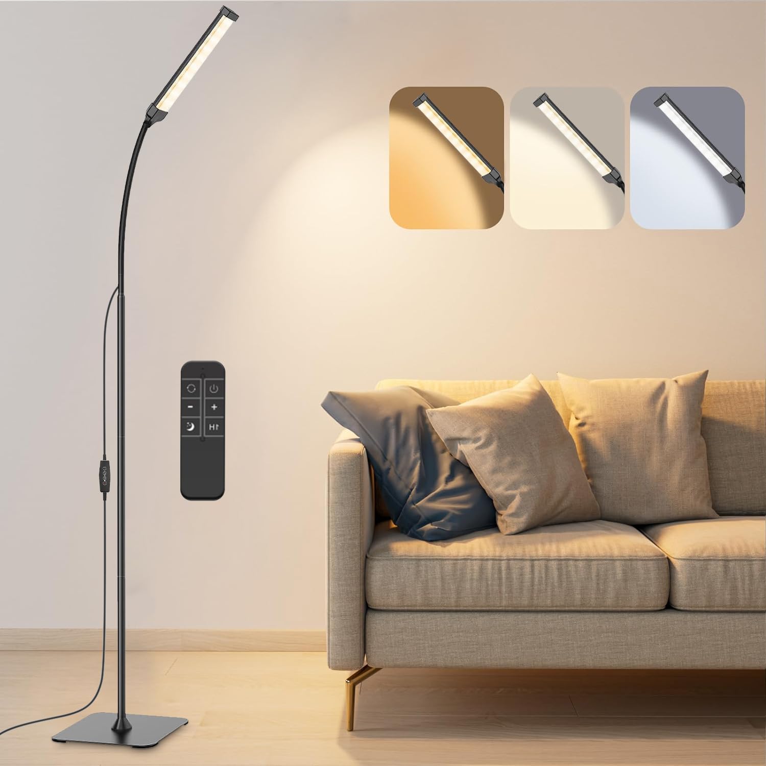 LED Floor Lamp Bright Floor Light,Dimmable Black Reading Floor Lamp,Adjustable Floorlamp with Remote and Touch Control & 3 Color Temperatures,LED Light Standing Lamps for Living Room Bedroom Office