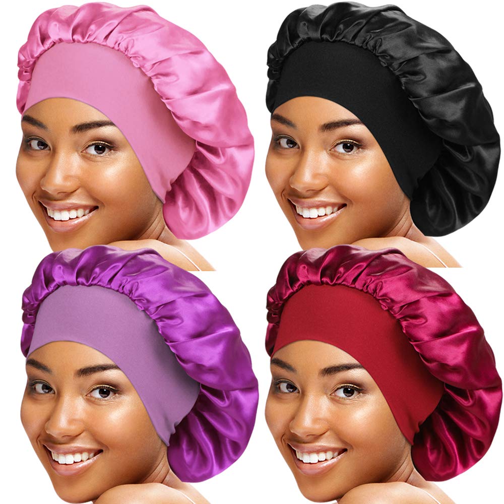 4 Pieces Wide Band Satin Cap Sleep Bonnet Soft Night Sleep Hat for Women