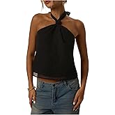 MAKEMECHIC Women's Tie Back Halter Tops Mesh Swiss Dots Knot Backless Sleeveless Tank