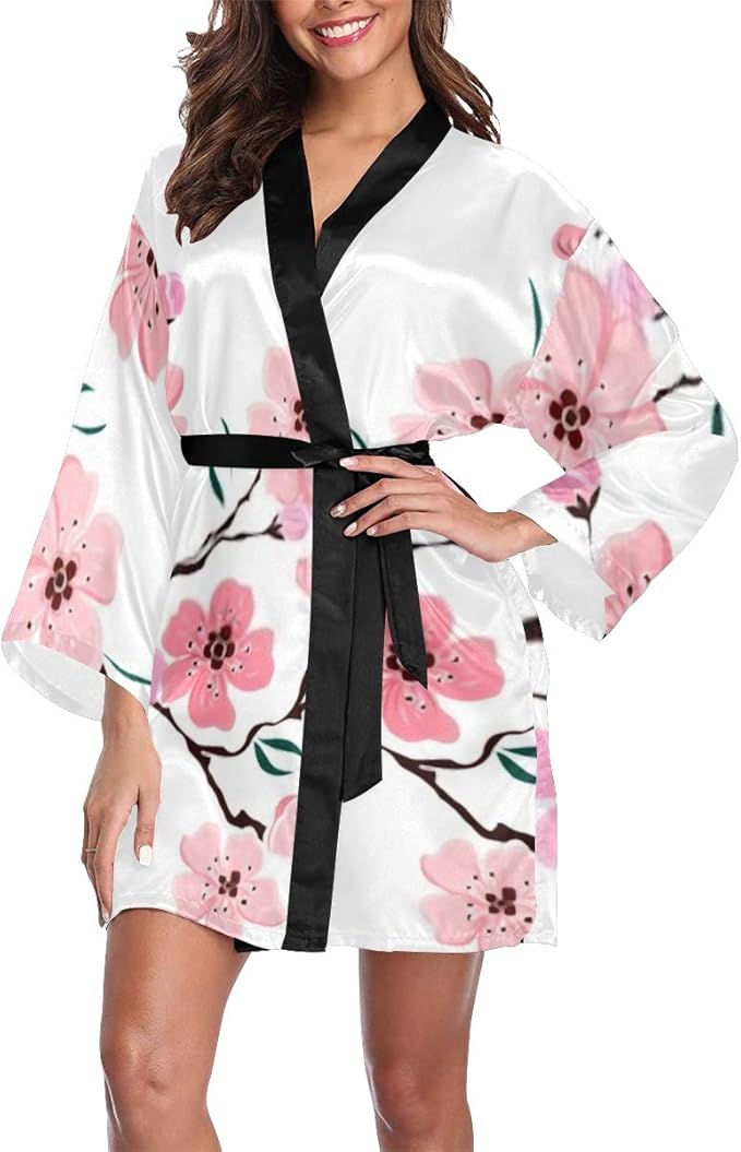 Womens Robe Branch Cherry Blossom On White Illustration Lightweight