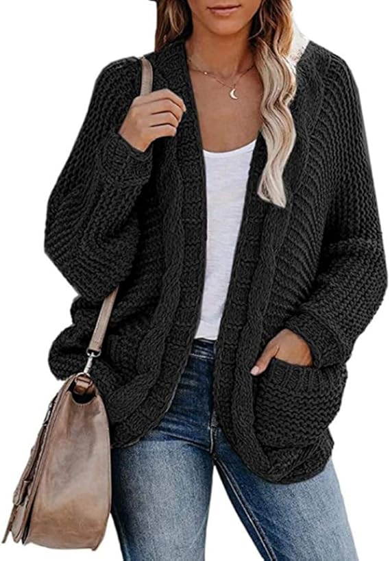 OEAK Gebreid vest voor dames, cardigan, grof gebreid, lange mouwen, losse gebreide jas met