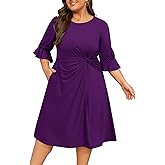 Manllenshie Women's Plus Size Dresses Casual 3/4 Ruffle Sleeve Crew Neck Twist Knot Wrap Slit Hem Dress with 1 Pocket