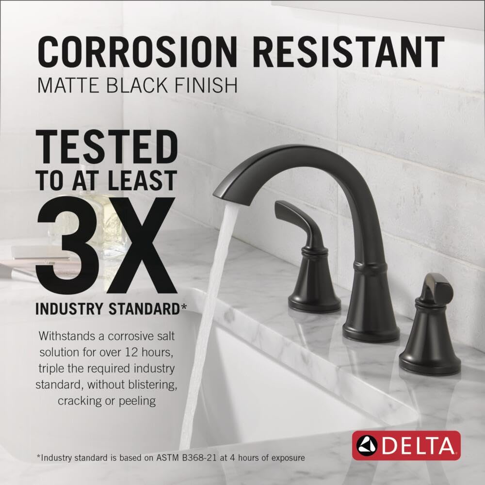 Delta Geist Matte Black Bathroom Faucet 3 Hole, 8 Inch Widespread Bathroom Sink Faucet for Vanity, Push-Pop Drain Assembly, Matte Black 35864LF-BL