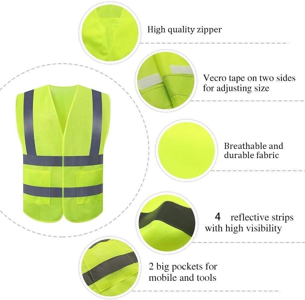 JSungo High Visibility Safety Vest 10 Pack, ANSI Class 2 Identification Security Vest with 2 Inch Reflective Silver Strip, Velcro Construction Vest for Night Running, Jogging, Cycling Walking (Yellow) - - 