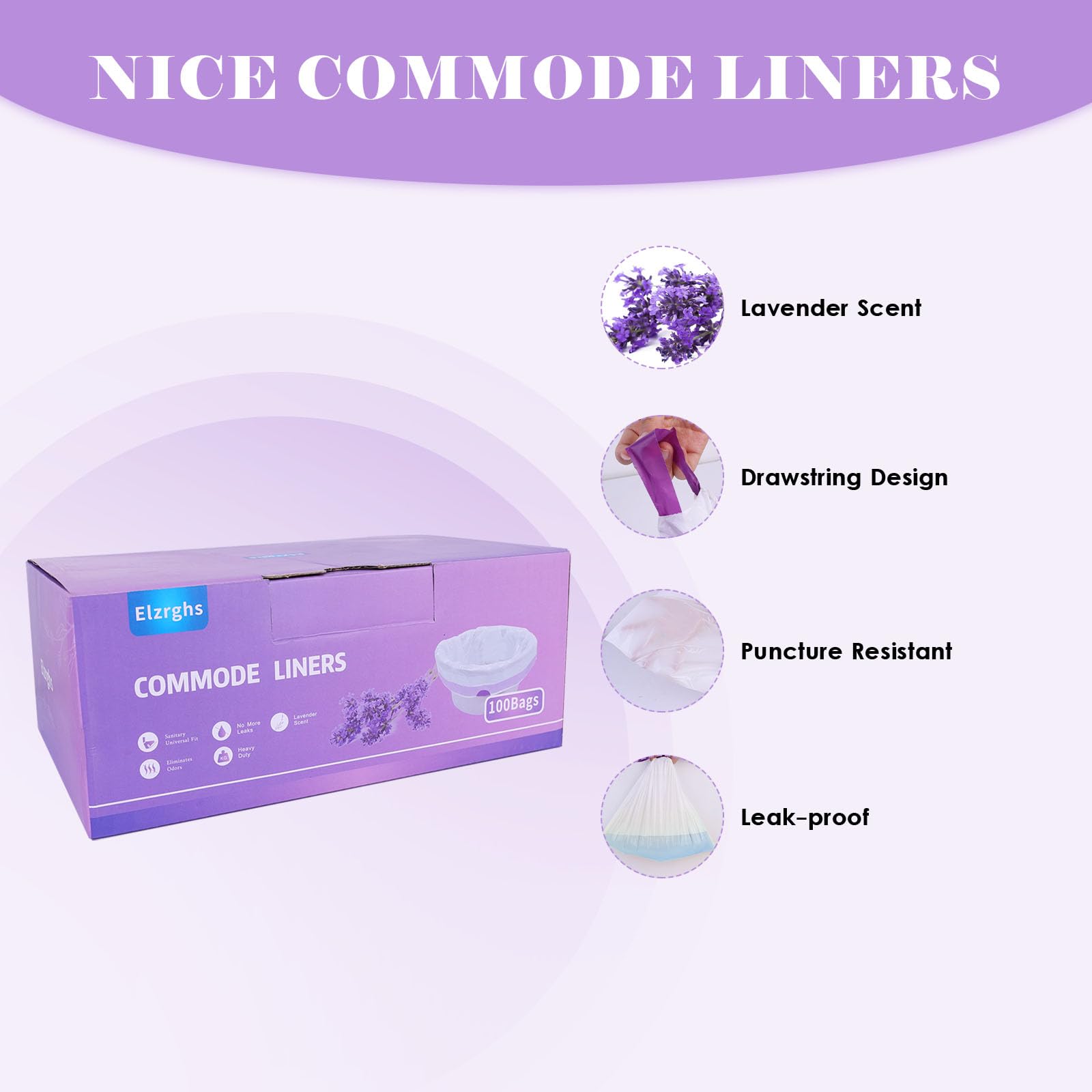 Commode Liners for Bedside Commode, Portable Toilet, Bed Pan, 100 Count Lavender Scented Disposable Potty Chair Liners