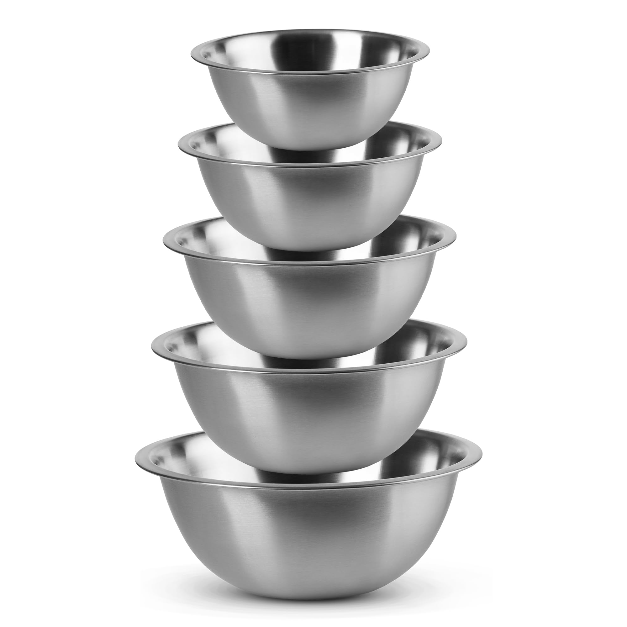 EVOKK Mixing Bowl Set 5 Stainless Steel Mixing Bowls (16,18, 20, 24, 26cm), Mirror Polished, Durable and Lightweight, Nesting Metal Mixing Bowls for Baking, Cooking & Food Prep, Dishwasher Safe