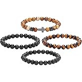 Crystery Men Beaded Bracelets, 8mm Natural Stone Bracelet, Healing Crystal, Jewelry Gifts for men, Triple Protection, Tiger Eye, Black Obsidian Beads Bracelets, Lava Rock, Pack of 4
