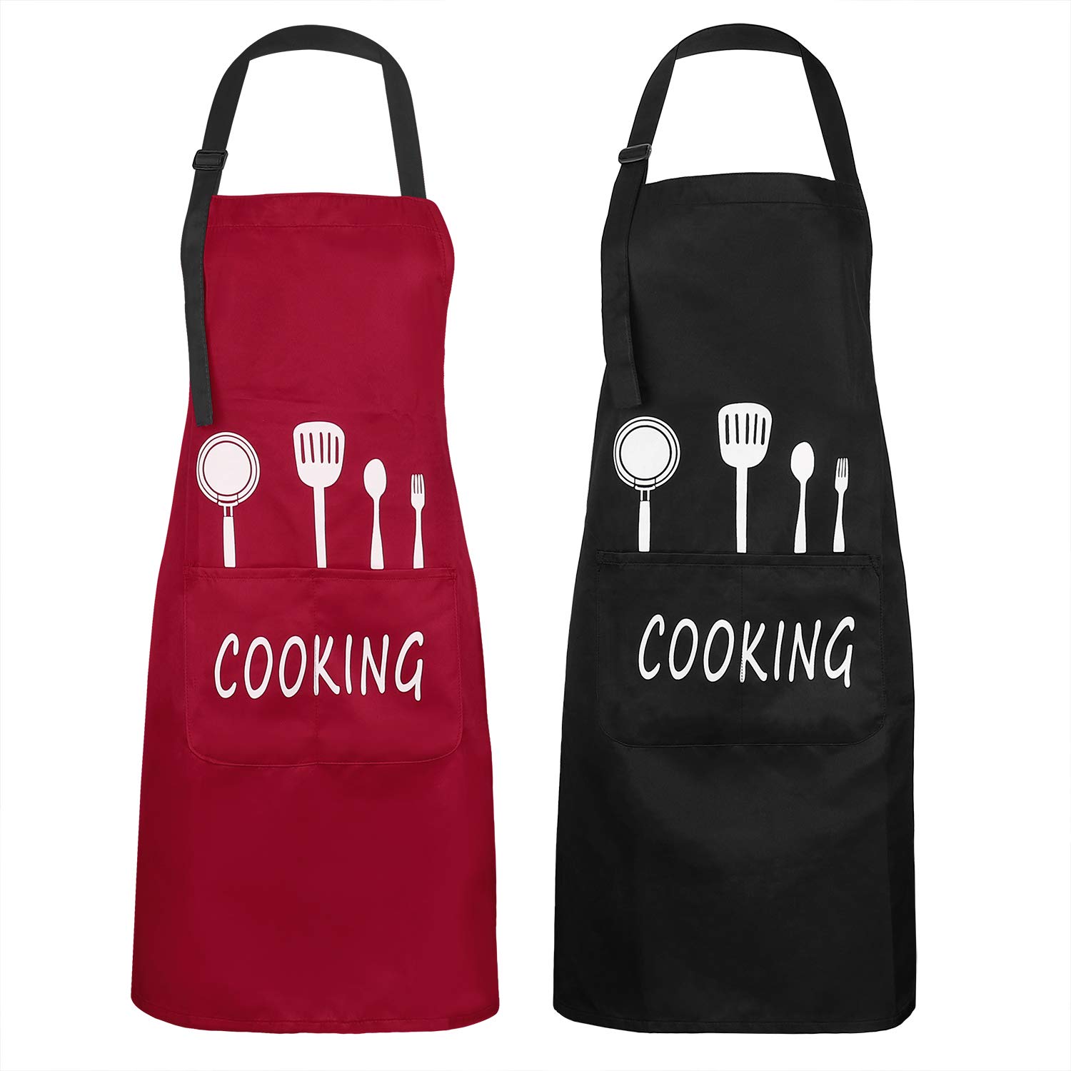 Cooking Apron Unisex Kitchen Cooks Apron Waterproof Bib Apron with 2 Pockets and Adjustable Neck Strap Oil Proof Chef Apron for Baking Gardening Bar Craft BBQ Coffee Restaurant 2 Pack (Red & Black)
