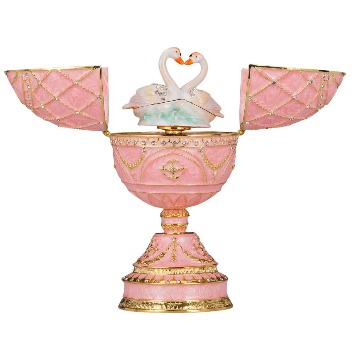 danila-souvenirs Glamorous Style Easter Egg Music Box Trinket Jewel Box with Two Swans 17 cm pink