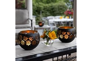 Original Solar Fire Bowl 8" (2-Pack) Outdoor Waterproof Solar Lanterns - Metal Porch Lights with Flickering Flame for Tabletop, Patio, Garden & Landscape Décor (Matte Black)