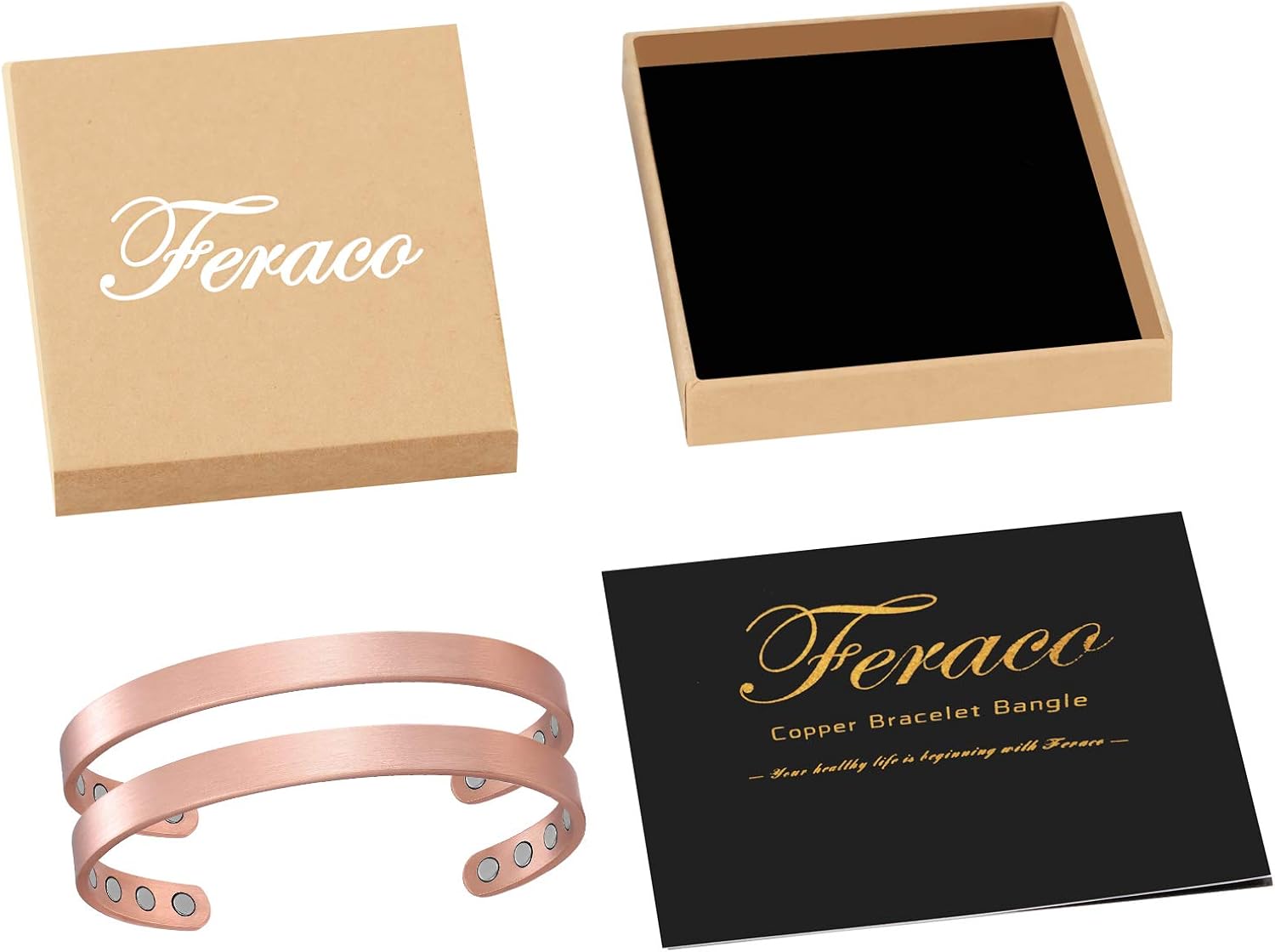 Feraco Magnetic Copper Bracelet for Women Men Arthritis Carpal Tunnel Pain Relief Sleek 99.9% Solid Copper Magnet Bracelets 2 PCS Cuff Bangle: Clothing