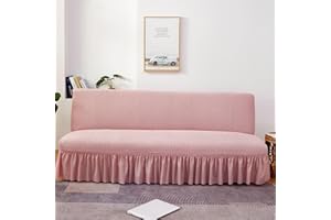 Hixingo Stretch Armless Futon Cover with Skirt, Futon Mattress Cover Soft Futon Covers with Elastic Bottom, Solid Color Futon Slipcovers Washable Futon Couch Cover (Medium (63-75"),Pink)