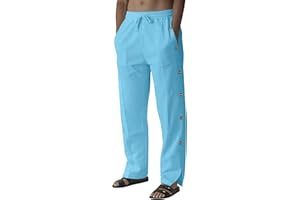 TRFIC Mens Linen Pants Summer Casual Button Straight Beach Pants Baggy Elastic Waist Drawstring Yoga Trousers with Pockets