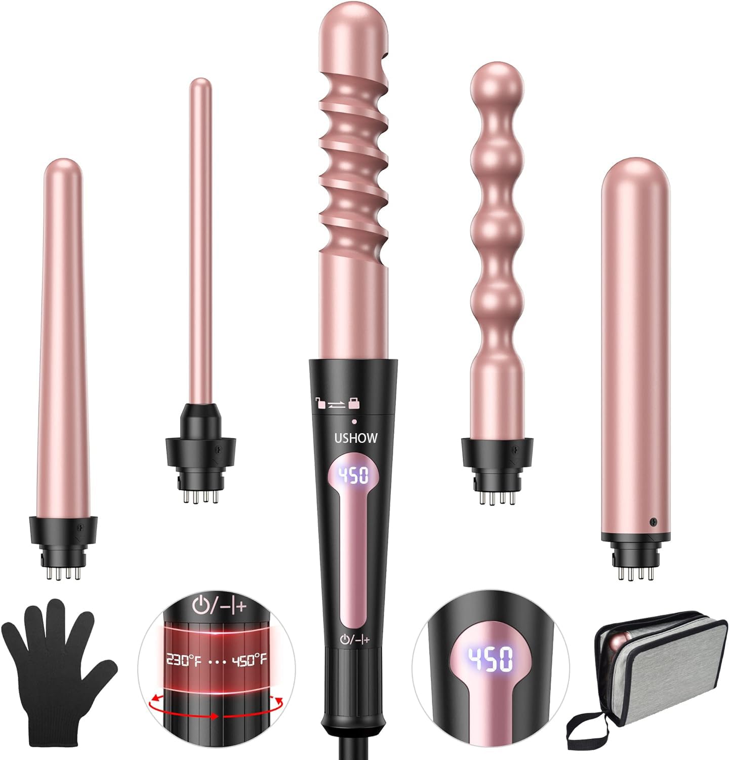Photo 1 of USHOW Curling Iron, Curling Wand Set, Instant Heat Up Hair Curler with Interchangeable Tourmaline Ceramic Barrels (0.5" to 1.25"), Adjustable Temperature