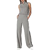 SENSERISE Womens Summer Jumpsuits Dressy Casual Sleeveless Mock Neck Top Wide Leg Pants Romper with Pockets