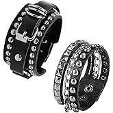 YWMAN 2 PCS Punk Leather Cuff Bracelet - Retro Rock Rivet Wristband Wrap - Adjustable Spike Bracelet for Men Women