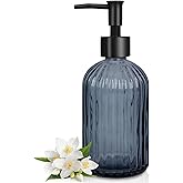 Topsky Stripe Glass Soap Dispenser with Black Plastic Pump, 400ml Liquid Hand Soap Dispenser, Rustproof Pump for Kitchen &amp; Bathroom, Great for Lotions, Essential Oil, Liquid Soaps- (Grayish Blue)