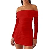 Mokoru Women's Sexy Elegant Off The Shoulder Mesh Long Sleeve Ruched Bodycon Cocktail Party Mini Dresses