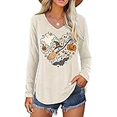 Long Sleeve V Neck Fall T-Shirt for Women Family Halloween Thanksgiving Tops Thankful Pumpkin Turkey Tees